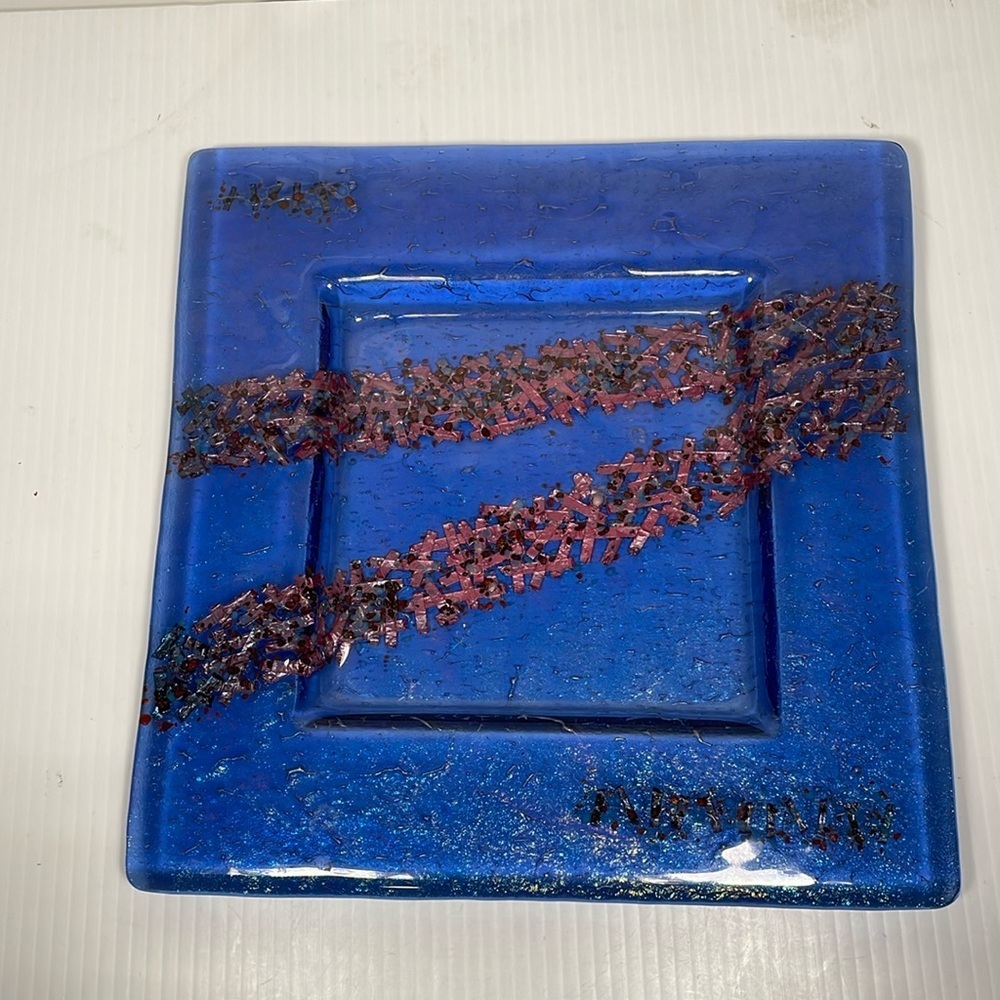 Fused Art Glass Square Signed Tray Plate Blue Purple Alpa Ajanen 2003 Iridescent